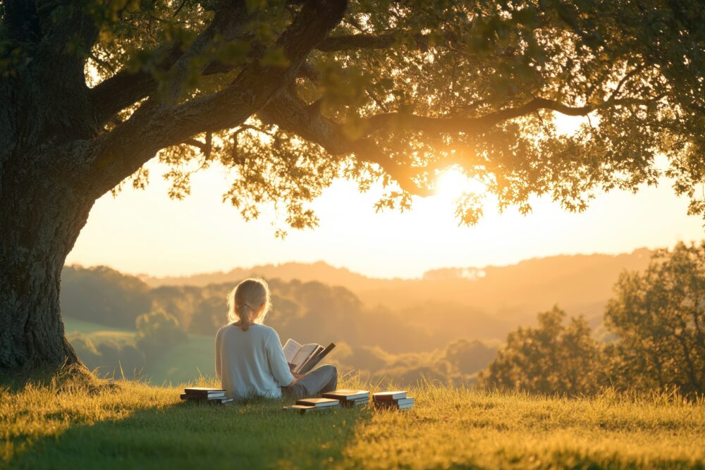 Woman relaxes reading book under big tree, at sunset on grassy hill. Scenic view of landscape. Peaceful moment of contemplation. Serene summer evening. Perfect nature scene.